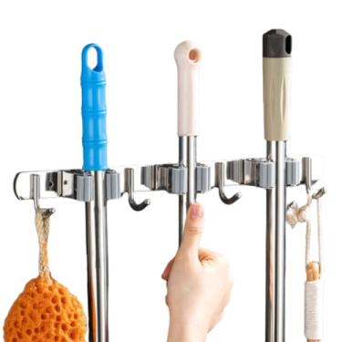 Imagem de Suporte Porta Vassouras Rodos Ganchos Inox 7 Acessórios Organizador De Parede Para Vassoura Vassoureiro