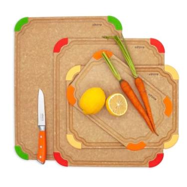 Imagem de Elihome Conjunto de tábua de corte de cozinha 4 em 1 da série premium, pés antiderrapantes, codificado por cores com ícone alimentar, fibra de madeira natural, lavável na lava-louças, ecológico,