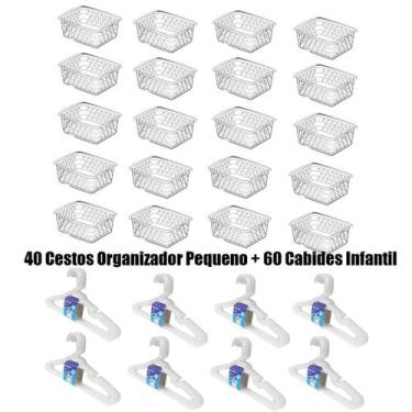 Imagem de Kit 40 Cestos Organizador Pequeno 16x12x6cm + 60 Cabides Transparente 
