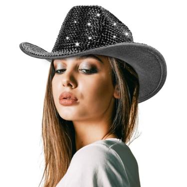 Imagem de Hercicy Chapéu de cowboy de strass com franja de diamante, chapéu de vaqueira com largura ocidental para cosplay de casamento, Preto, tamanho �nico