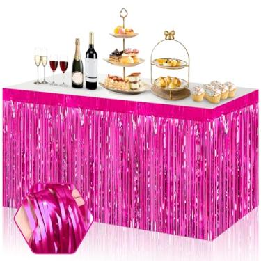 Imagem de Pacote com 3 saias de mesa 73 x 277 cm rosa vermelha metálica folha franja tinsel saias, mesas retangulares casamento, aniversário, férias, festas, desfile, boias de festa de carnaval