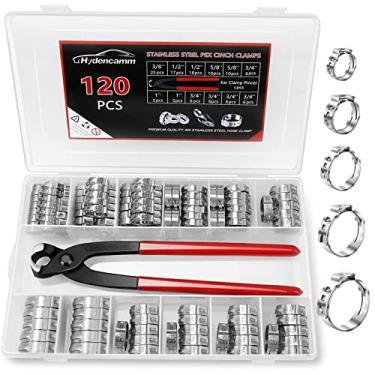 Imagem de Kit de grampos PEX de 120 peças, 5 tamanhos, com alicate, 1/2", 3/4", 3/8", 5/8", 1", 1", anéis de crimpagem premium de aço inoxidável 304, kit de ferramentas PEX sortido para conexões de encaixe de tubulação PEX da Hydencamm
