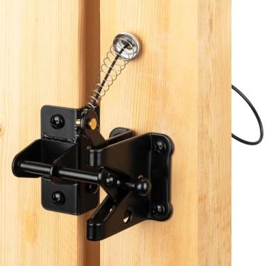 Imagem de SANKINS Trava de portão autotravante com puxador de cabo de mola para portão de cerca de madeira resistente, suporte de poste alavanca automática por gravidade travas de porta para cerca de madeira