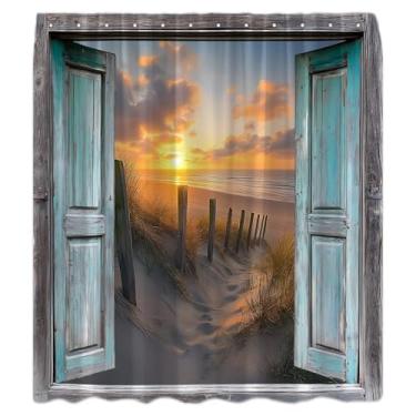 Imagem de CCNSTMS Cortina de chuveiro de praia azul petróleo, porta de celeiro, oceano, litoral, litoral, havaiano, pôr do sol, paisagem, casa de fazenda, rústico, ocidental, retrô, natureza, cortinas de