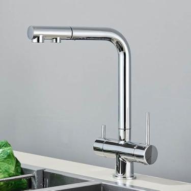 Imagem de Purificador de água Torneira de cozinha Preto Pull Out Filtro flexível Torneiras de cozinha Latão 2 em 1 Torneira misturadora de água quente e fria, Torneira cromada