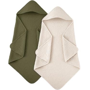 Imagem de Susurration Toalhas de bebê com capuz para recém-nascidos, pacote com 2, toalhas 100% algodão musselina para bebês, altamente absorvente e essencial para recém-nascidos 76 x 76 cm, creme e verde
