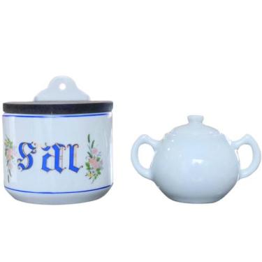 Imagem de Kit Saleiro Parede 800GR e Açucareiro Chaleira 250ML - Porcelana - Ant