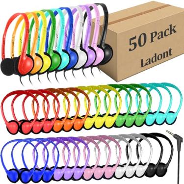 Imagem de Ladont Pacote com 50 fones de ouvido de sala de aula para crianças, estudantes, escolas, fones de ouvido com fio multicoloridos para crianças, conector de 3,5 mm para Chromebook Laptop PC Computador