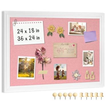 Imagem de AMUSIGHT Quadro grande de cortiça rosa com linho, 61 cm x 45 cm, quadro de avisos emoldurado em madeira, quadro de visão, quadro de rolha para parede, sala de escola, escritório, 10 pinos, 1 pacote