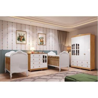 Imagem de Quarto de Bebê Guarda-roupa Cômoda Janelado 2 Berços Maya Clássico 100% Mdf Espresso Móveis Branco Brilho/Amêndoa/Branco