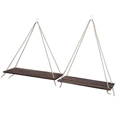 Imagem de Prateleiras Flutuantes de Suspensão de 2pcs de Madeira w Corda de Rack de Armazenamento Pendurada Prateleiras de Vaso de Flores de Flor das Decorações de Madeira de Sua Transformação Flutuando e