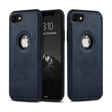 Imagem de USLOGAN Capa de telefone de couro vegano para iPhone 7 e iPhone 8 e iPhone SE 2020 (2ª geração) capa de telefone fina vintage elegante de luxo 4,7 polegadas (azul)