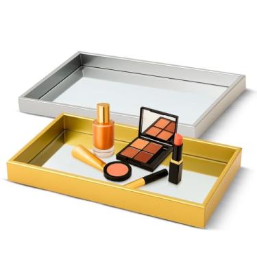 Imagem de Bandeja Espelhada Decorativa, 35 x 20 cm, Ferro e Vidro Dourado ou Prata para Lavabo Sala Quarto (Prata)