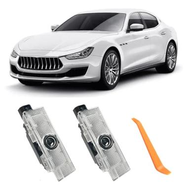 Imagem de 2 peças de logotipo de luzes de porta de carro nunca desbotam compatíveis com acessórios Maserati, luz de projeção Ghost Shadow Welcome Puddle para Maserati Quattroporte Ghibli Grecale Levante (carta)