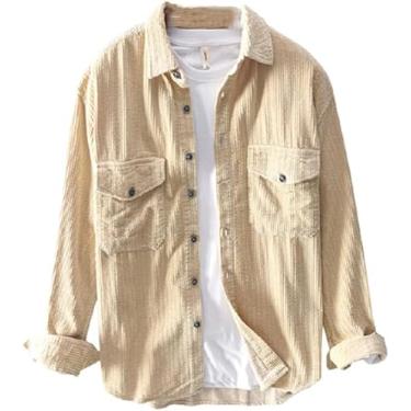 Imagem de Homens Primavera Outono Moda Japão Estilo Slim Fit Camisas Vintage Camisa De Veludo Casual Solto Camisa De Manga Comprida Tops, Apricot, 3XL