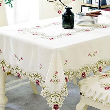 Imagem de LeLehome Toalha de mesa de renda bordada com flores quadradas de 150 cm, capa de toalha de mesa clássica floral vintage para decoração de casa, sala de jantar, cozinha, rosa vermelha
