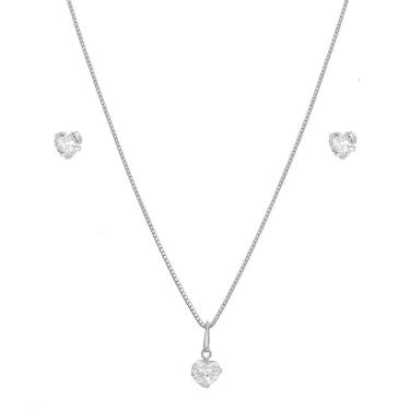 Imagem de Conjunto Corrente Gargantilha Colar 50cm Feminino Brinco Ponto Luz Coração Prata 925