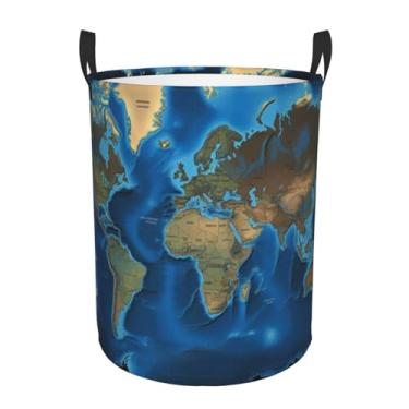 Imagem de Cesto de lavanderia com mapa do mundo, dobrável, impermeável, cesto de armazenamento de roupas com alças, pano Oxford, organizador de brinquedos, cesta para banheiro, lavanderia, quarto, médio
