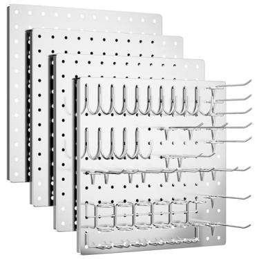 Imagem de FZK Peg Board, pacote com 4 kits de placa de metal, organizador de parede prateado com 32 ganchos, placa de pinos para casa, armazenamento de ferramentas de garagem, organização de escritório, cozinha