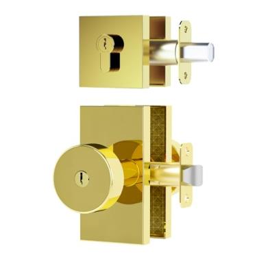 Imagem de Newlaking Maçaneta externa dourada polida com conjunto de fechadura - Fechadura de porta frontal de liga de zinco resistente com entrada semelhante à chave, design quadrado, fácil instalação, serve