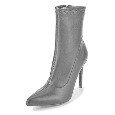 Imagem de CAMSSOO Botas femininas de cano alto, salto alto, bico fino, sexy, com zíper lateral, meias confortáveis, cano médio, Poliuretano preto fosco, 35