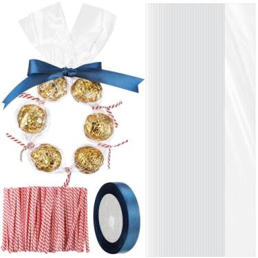 Imagem de Yexiya 50 unidades de sacos de celofane de plástico transparente de 50 cm com laço torcido e 1 rolo de fita de celofane para lembrancinhas de festa de Natal, embalagem de doces, guirlanda de doces