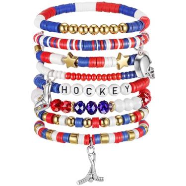 Imagem de Huquary Pacote com 8 pulseiras de dia de jogo para mulheres, futebol, beisebol, vôlei, basquete, empilhável, pulseira de argila Heishi, acessórios para fãs de esportes, joias para fãs de jogos