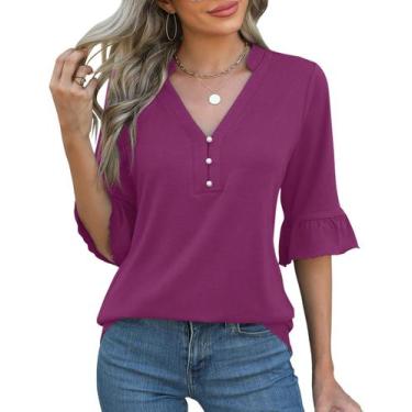Imagem de Blusa feminina Rapbin, manga 3/4, decote em V, fúcsia