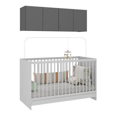 Imagem de Berço 3 Em 1 Com Colchão e Armário Aéreo 4 Portas Mp4149 Branco-grafite Branco-grafite