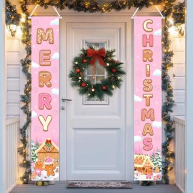Imagem de Avezano Decorações de Natal ao ar livre pão de gengibre rosa banners de Natal decorações de porta de pão de gengibre para suprimentos de férias de inverno