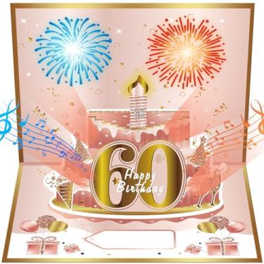 Imagem de Turypaty 60th Birthday Cards Pop Up 3D Cake - Fogos de artifício, música e vela soprar luz engraçada - Happy 60 decorações de festa, presentes de cartão de aniversário de 60 anos ouro rosa para