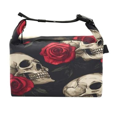 Imagem de STAYTOP Lancheira padrão de caveiras e rosas vermelhas com fivela de alça, lancheira isolada para meninos e meninas, lancheira térmica para trabalho escolar