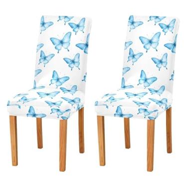 Imagem de Wassud Capas de cadeira para sala de jantar delicadas borboletas azuis elásticas capas de cadeira de cozinha laváveis conjunto com 4
