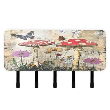 Imagem de Burbuja Porta-chaves de campo de flores de cogumelo com 5 ganchos, porta-chaves autoadesivo montado na parede, organizador de armazenamento de correio para entrada, decoração de casa