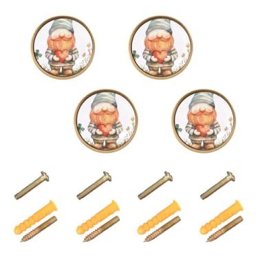 Imagem de Burbuja Puxadores de armário de cozinha St. Patrick Gnomo, pacote com 4, puxadores redondos de 3,5 cm, puxadores de cômoda com parafusos para armários de cozinha, quarto, armário