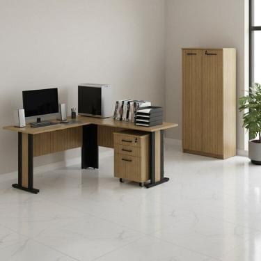 Imagem de Conjunto 3 Peças 1 Gaveteiro com Rodizio 1 Armário Alto com Portas e 1 Mesa em L Espresso Móveis Amêndoa/Preto