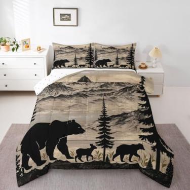 Imagem de jejeloiu Conjunto de edredom rústico ocidental, tamanho Queen, urso, montanha, árvore, para crianças, meninos, meninas, cabana, campo, animais selvagens, decoração de quarto de microfibra, 3 peças com