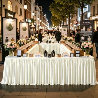 Imagem de Saia de mesa de cetim marfim de 3,5 m, tecido de elastano brilhante para mesa retangular/redonda, plissada, saia de mesa sem rugas para cozinha doméstica, decoração de mesa de aniversário de casamento