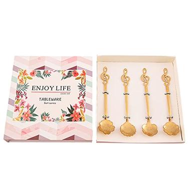 Imagem de Conjunto de 4 Colheres Chá Aço Inoxidável com Padrões Flores e Cabo em Forma Nota Musical para Café Sobremesas Açúcar Sorvete Espresso Mistura Adequad