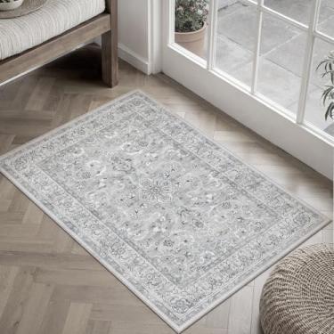 Imagem de PureCozy Tapete de área cinza lavável vintage antiderrapante tapete de porta pequeno pilha baixa cozinha banheiro destaque tapete envelhecido entrada quarto escritório sala de estar