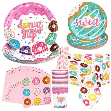 Imagem de Conjunto de 85 peças de utensílios de mesa para festa de donut serve 16, Donut Grow Up Party Supplies Inclui pratos de donuts, guardanapos, canudos, copos, toalha de mesa de donut para chá de bebê, meninas, decorações de festa de aniversário