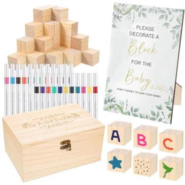 Imagem de Kit de placas de jogos de festa de chá de bebê com 78 peças, inclui 1 caixa de madeira, 1 placa, 52 blocos de madeira para decorar 24 marcadores de acrílico - Blocos de madeira simples ótimos para