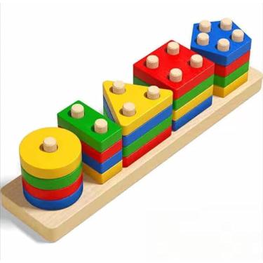 Imagem de Brinquedo Educativo de Madeira, Encaixe de Formas Geométricas Coloridas, Coordenação Motora Infantil, idoso
