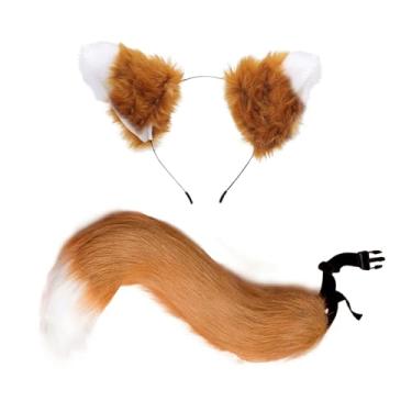 Imagem de Hyuetrsa 2 peças de orelhas de raposa e cauda de Halloween cosplay ajustável cauda de raposa peluda fantasia de cauda de raposa peluda para Halloween, adereço de baile de máscaras, festa, cosplay,