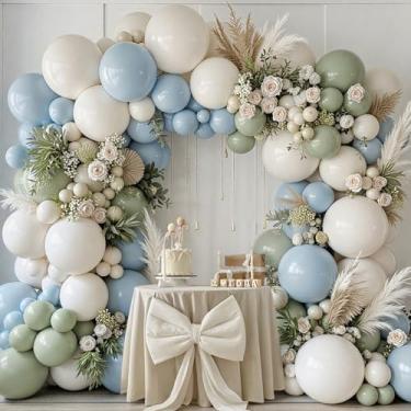 Imagem de Winrayk Kit de arco de balão verde sálvia azul empoeirado de 155 peças, guirlanda de balões azuis claros e verdes brancos para bebês meninos, chá de bebê, revelação de gênero, chá de panela