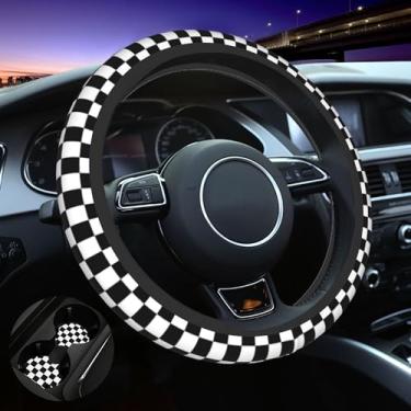 Imagem de Capa de volante quadriculada de neoprene automotivo antiderrapante de 38 cm para homens e mulheres capas de volante com bandeira de corrida quadriculada para carro protetor universal