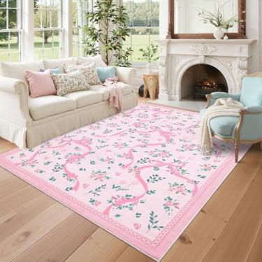 Imagem de GarveeHome Tapetes Coquette rosa para quarto de meninas, 20 x 25 cm para sala de estar com pelo baixo macio, tapete lavável com laço floral antiderrapante, 20 x 25 cm, para berçário, dormitório, sala