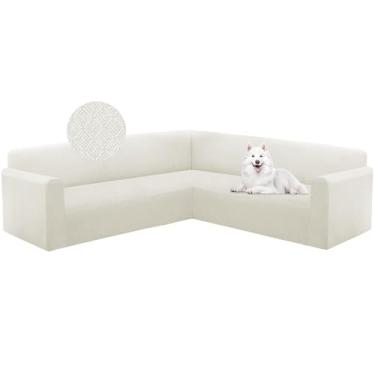 Imagem de HDCAXKJ Capa de sofá seccional em forma de L, capa de sofá elástica, lavável, jacquard, canto, antiderrapante, protetor de móveis em forma de U para cães de estimação (marfim, grande)