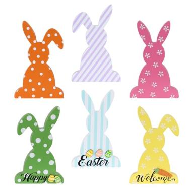 Imagem de DEWBIN Decorações de Páscoa, 6 peças de coelho fazenda bloco de madeira decoração de Páscoa, placa de boas-vindas, decorações de centro de família coelho interior para sala de estar, mesas, cornija