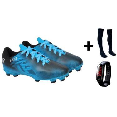 Imagem de Chuteira Campo Adulto UZ Costurado + Meião + Relógio - A7, Celeste, 35